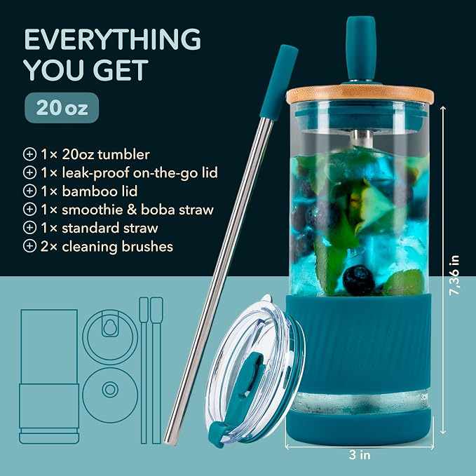 Pandaloo® Glass Cups With Lids and Straws -20 Fl Oz- Perfect Size Iced Coffee - Image 2