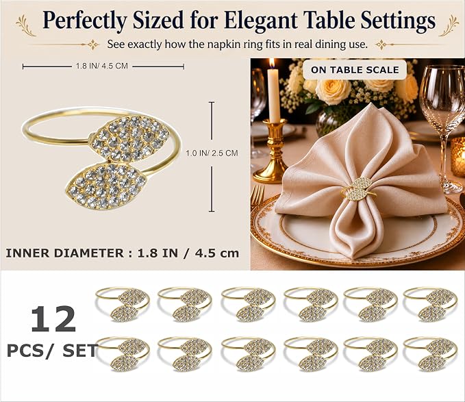 Gold Napkin Rings Set of 12 – Leaf Design – Elegant Napkin Ring Holders - Image 2