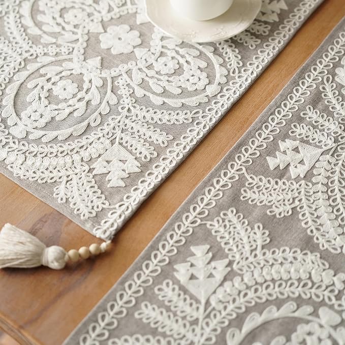 Long Table Runner Embroidered Rustic Dresser Runner, 4 Tassel Pendants - Image 6