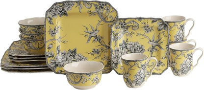 222 Fifth Adelaide Yellow 16-Piece Floral Porcelain Dinnerware Set | Microwave by 222Fifth