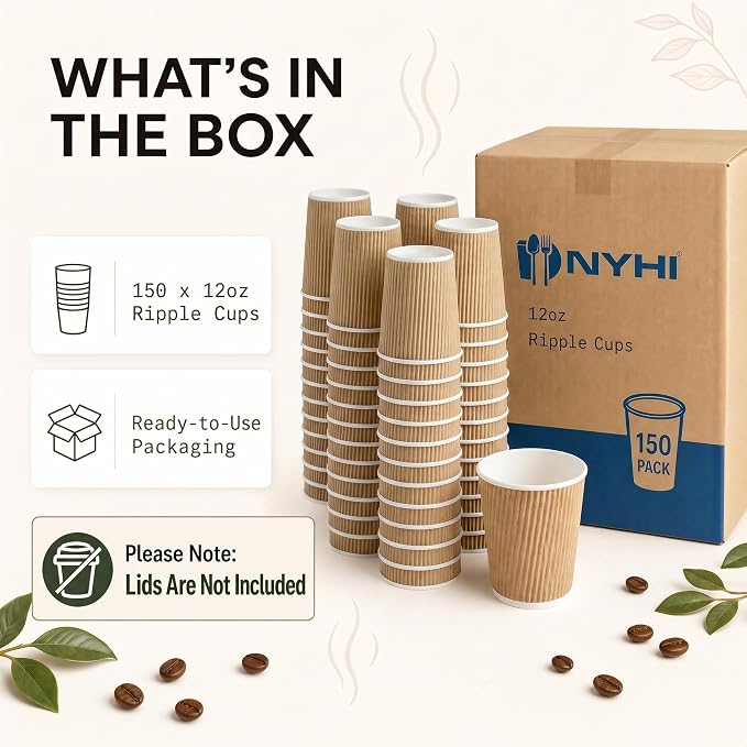 NYHI 150 10 oz Ripple Kraft Paper Cups Brown Hot Cold Cups 3 Layer Rippled - Image 5