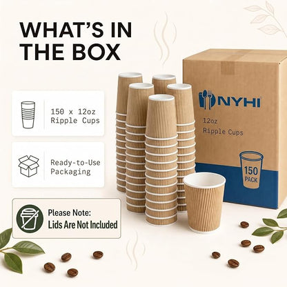 NYHI 150 10 oz Ripple Kraft Paper Cups Brown Hot Cold Cups 3 Layer Rippled - Image 5