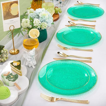 Hioasis 60pcs Green Plastic Plates - Gold Rimmed Disposable, Hammered, Heavy-duty Dinnerware Set Suitable for 30 Guests, 10.25" Dinner & 7.5" Dessert Plates for Party & St. Patrick's Day