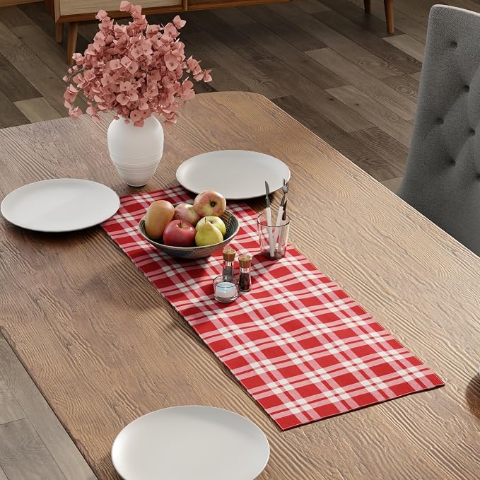 Encasa XO Table Runner, Woven Cotton Dining Runner 13"x36" | Franca Red Checks - Image 3