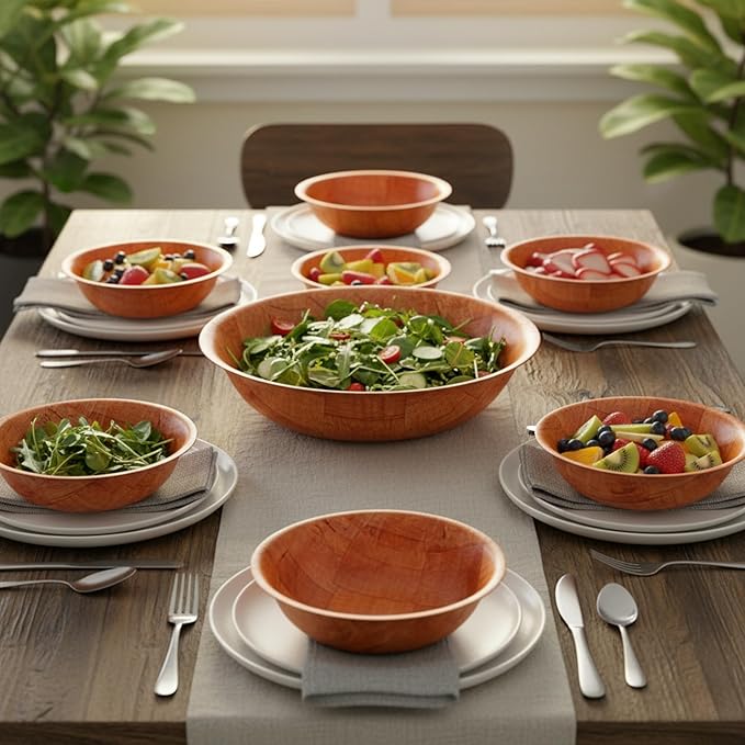 14-inch Wooden Serving Bowl, Set Of 6 | Round | Stackable | EZ To Wash | Great For Salads, Fruits, Snacks, And More [6PK]