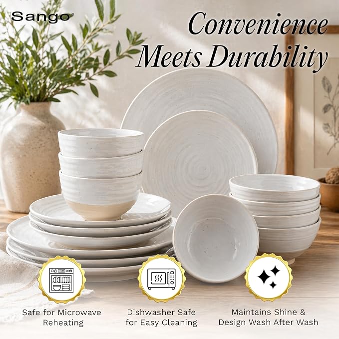 Sango Siterra 16-Piece Rustic White Stoneware Dinnerware Set – Service - Image 4