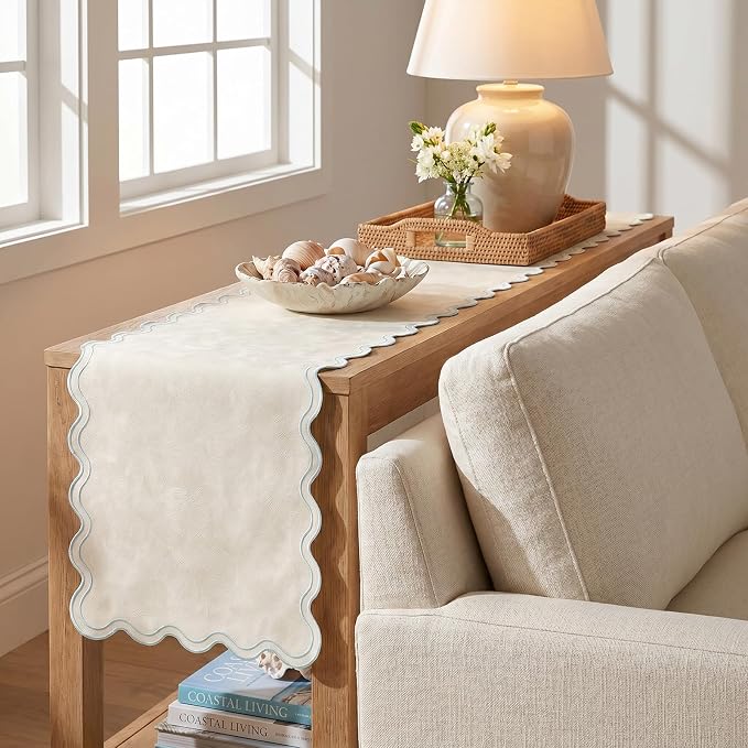 Cream Table Runner 15 x 70 Inch, Modern Farmhouse Scalloped Dresser Runners by yuboohomedecorations
