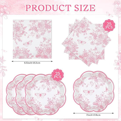 50 Pcs Pink Floral Plates and Napkins, Bridal Baby Showe - Image 2