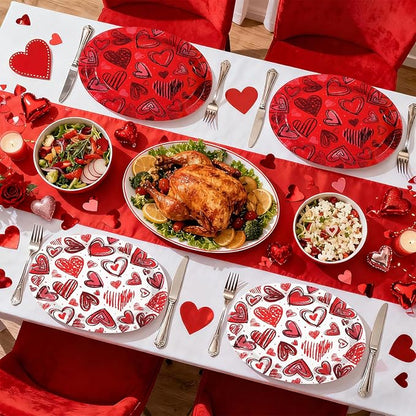 50Pcs Valentine’s Day Oval Paper Plates 10" x 12" Large Heavy Duty Watercolor Red Heart Disposable Plates Valentines Dessert Platters for Anniversary Wedding Birthday Party Supplies Decor