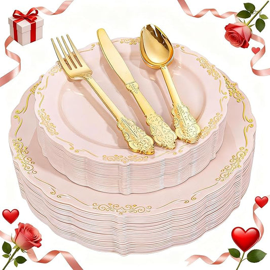 DaYammi 150Pcs Pink Plastic Plates with Gold Rimmed & Gold Silverware,Pink Disposable Plates for Party Include 30 Dinner Plate,30 Dessert Plate,30 Knives,30 Forks,30 Spoons for Valentine's Day Party