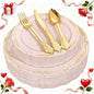 DaYammi 150Pcs Pink Plastic Plates with Gold Rimmed & Gold Silverware,Pink Disposable Plates for Party Include 30 Dinner Plate,30 Dessert Plate,30 Knives,30 Forks,30 Spoons for Valentine's Day Party