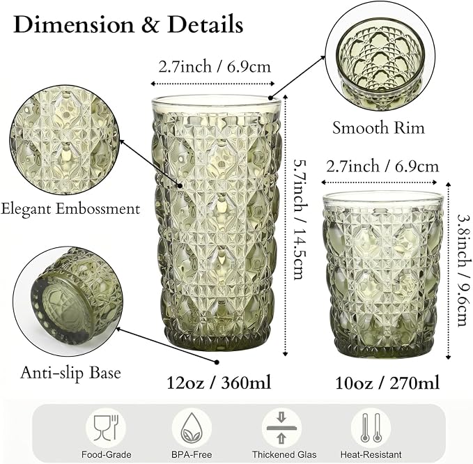 Green Drinking Glasses Set of 12, 12 Oz Highball & 10 Oz Cocktail Glasses - Image 2