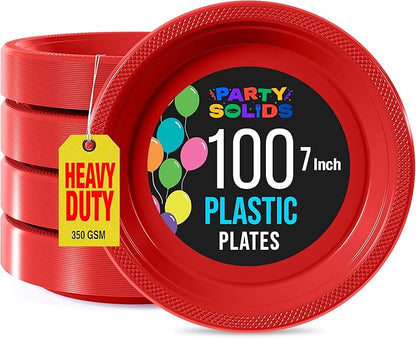 Red Plastic Plates For Party 7" Red Disposable Plates Heavy Duty 100 Pcs Plastic Dinnerware Sets Heavy Duty 350 GSM Disposable Dinnerware Set