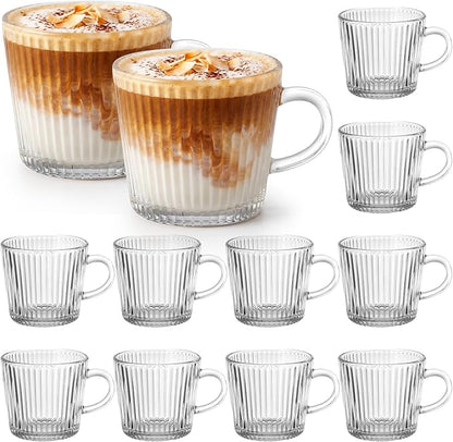 12 Pack Glass Coffee Mugs with Handle 8.5 oz Classic Vertical Stripes Glass by Yetene