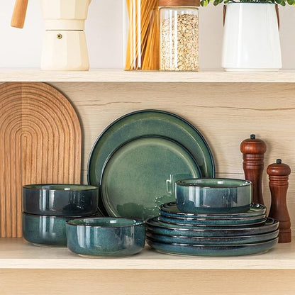 vancasso Starry 12 Pieces Dinnerware Sets for 4, Green Reactive Glaze Dishes Sets, Ceramic Plates and Bowls Set, Dinner Salad Dessert Plates, and Cereal Bowls Set, Dishwasher and Microwave Safe