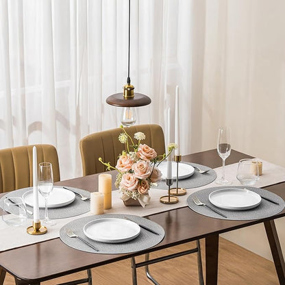 Jovono 15" Faux Leather Big Round Placemats Set of 4 - Washable Heat Resistant Non-Slip Dining Table Mats with Fabric Texture for Kitchen Home Party Decor, Light Gray