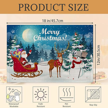 Christmas Santa Claus Deer and Snowman Placemats Set of 6 Washable Table Mats for Kitchen Dining Table,Heat-Resistant Place Mats for Indoor Outdoor Party Holiday Decoration