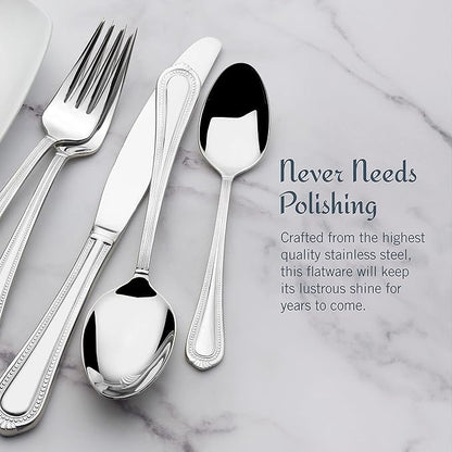 Mikasa Regent Bead 65-Piece Flatware Set for 12, 18/10 Stainless Steel Silverware with Full Service and Serving Utensils, Classic Beaded Edge Design