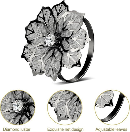 KPOSIYA Flower Napkin Rings Holder Metal Black Napkin Rings Set of 6 for Wedding Party Holiday Banquet Christmas Dinner Delicate Serviette Buckles Decor Favor (6, Black)