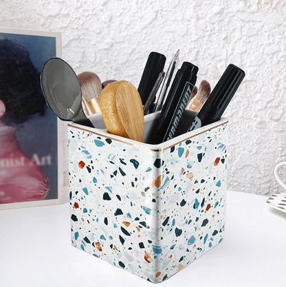 Pen Pencil Holder, Makeup Brush Holder,Ceramic Remote Control Holders Organizer with 2 Compartment Terrazzo Multi-functional Office Organizers Storage Caddy Desk Tv Remote Holders Light Blue