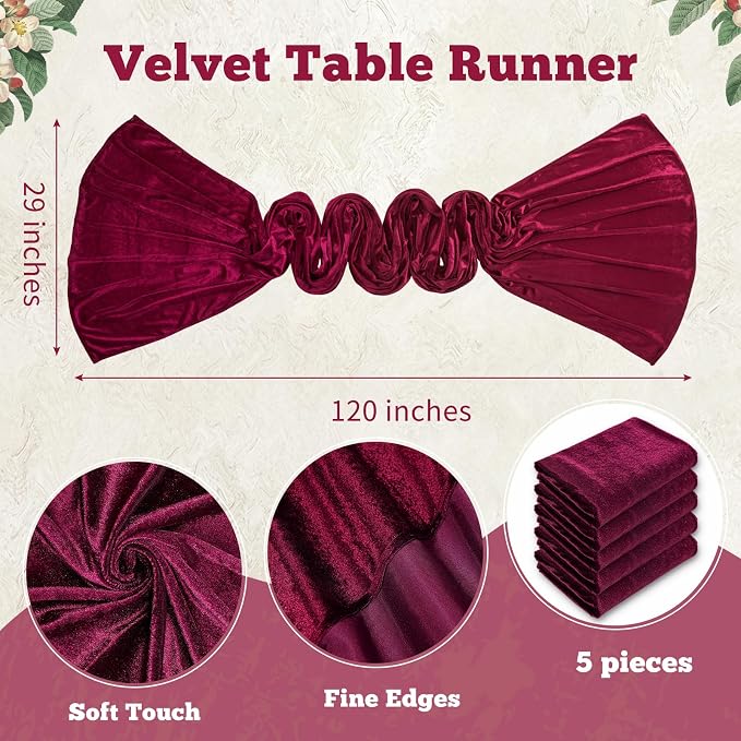 Burgundy Velvet Table Runner 29x120 Inch Luxury Retro Christmas Runners | 5 - Image 2