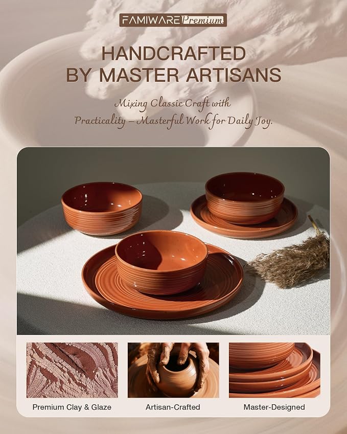 Dinnerware Set for 8, Ceramic Plates and Bowls, Terracotta | 24 pcs Speckled - Image 5
