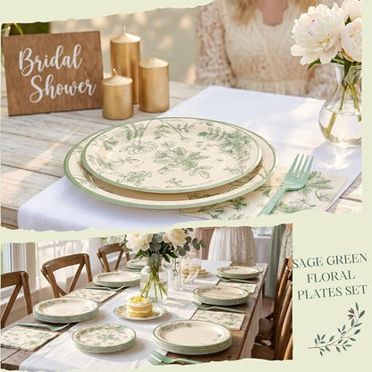 100 Pcs Disposable Sage Green Floral Tableware Set - Image 6