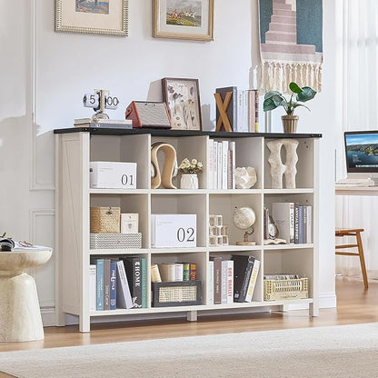 12 Cube Storage Organizer, Farmhouse 62 Inch Warm White Display Bookshelf, Wooden 3 Tier Large Open Book Shelf, Modern Bookcase for Home Office, Rustic Cubby Cabinet for Living Room, Bedroom