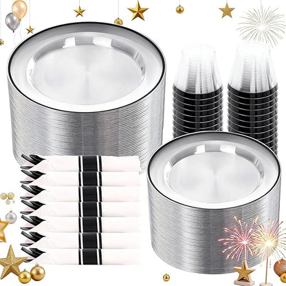 SUT 350 Pcs Black and Clear Plastic Dinnerware Set for 50 Guests, Include: 50 Dinner Plates, 50 Dessert Plates, 50 Pre Rolled Napkins With Silverware, 50 Cups, Disposable Plates for Party