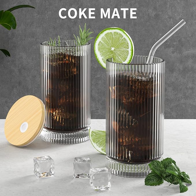 15 Oz Glass Cups with Straws, Vintage Glassware for Whiskey Cocktail Beer, Iced Coffee Cups and Drinking Glassare (4 PACK)