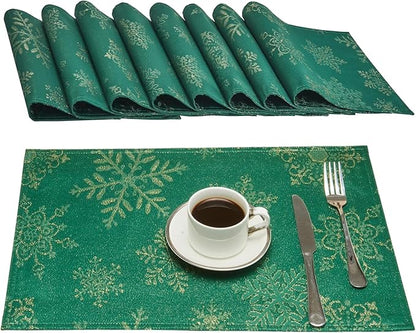 Cloth Place Mats Set of 8–Reusable Rectangular Waterproof Fabric Polyester Washable Wipeable Heat Resistant Jacquard Sparkling Metallic Snowflake for Kitchen Table(Hunter Gold/13x19 Inch)