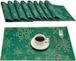 Cloth Place Mats Set of 8–Reusable Rectangular Waterproof Fabric Polyester Washable Wipeable Heat Resistant Jacquard Sparkling Metallic Snowflake for Kitchen Table(Hunter Gold/13x19 Inch)