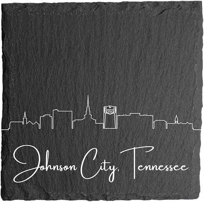 Blue Ridge Mountain Gifts - Johnson City TN Skyline Coasters, Johnson City Tennessee Souvenir, Slate Coasters with Minimalist Skyline, Housewarming Gift for Friends, Family, & Neighbors