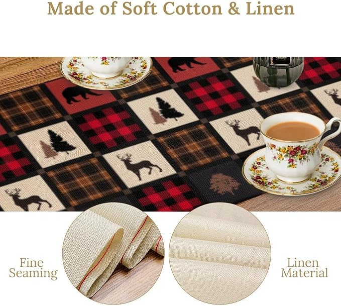 Rustic Bear Table Runner, Vintage Cottage Country Style Pine Tree Elk Wildlife - Image 6