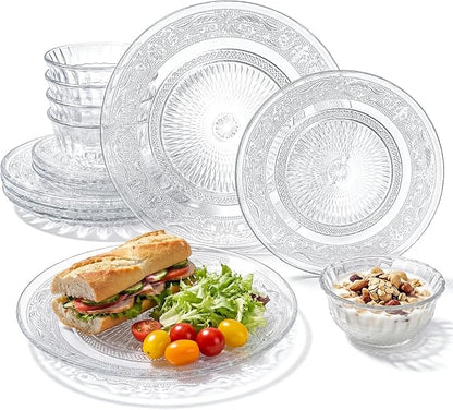 Havawish 18 Pcs Glass Dinnerware Set, Pattern | Clear Glass Plate and Bowl Sets by Havawish