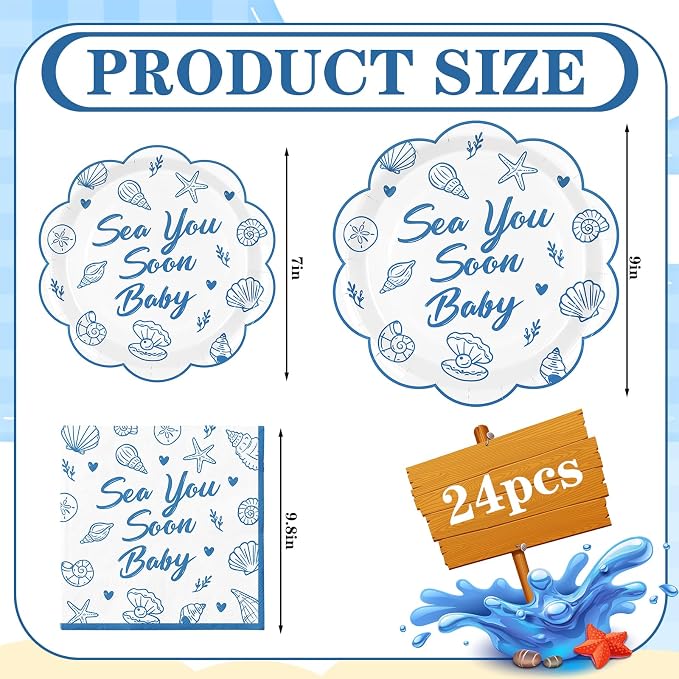 Whaline 72Pcs Sea You Soon Baby Tableware, Plate Napkin Set, Serves 24 | 9" & - Image 2