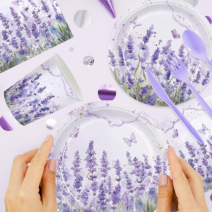 168pcs Purple Lavender Floral Paper Plates Napkins Party Supplies Serve 24 | - Image 4