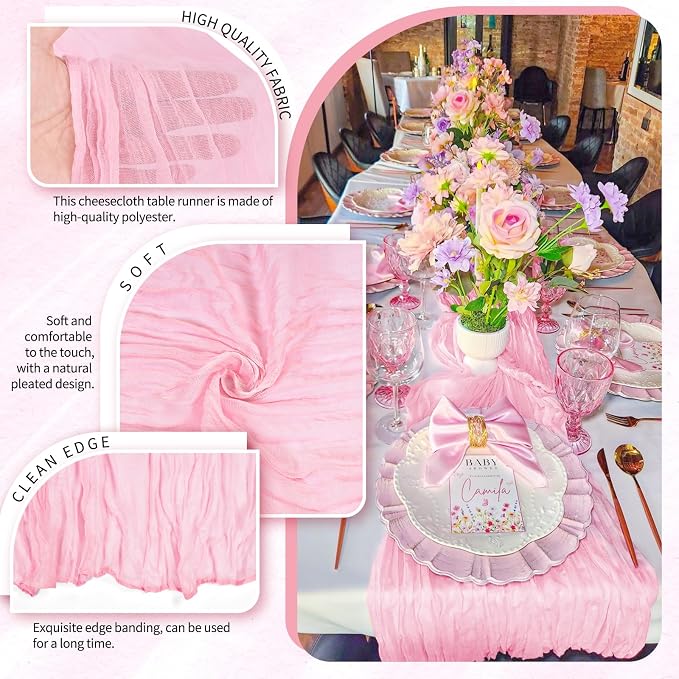 4 Pack Cheesecloth Table Runner 10FT Light Pink Table Runner Boho Gauze Cheese - Image 3
