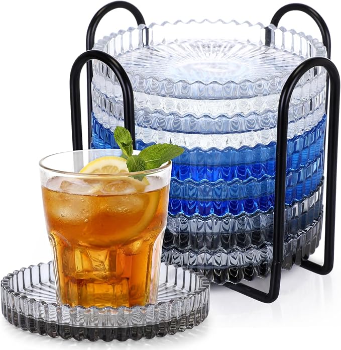 6 Pcs Glass Coasters with Holder Clear Drink Coasters Crystal Round Beverage by Remerry