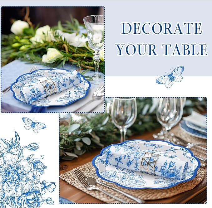 Willinglong 120 Pcs Floral Scalloped Paper Plates and Napkins Set, 2-ply Napkins - Image 5