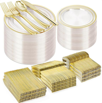 BESTVIP 600PCS Clear Gold Plastic Plate Set (100 Guests), Plastic Plates for Party Wedding Birthday, Disposable Dinnerware Set of 200 Plates, 200 Forks, 100 Spoons, 100 Knives for Christmas
