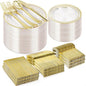 BESTVIP 600PCS Clear Gold Plastic Plate Set (100 Guests), Plastic Plates for Party Wedding Birthday, Disposable Dinnerware Set of 200 Plates, 200 Forks, 100 Spoons, 100 Knives for Christmas