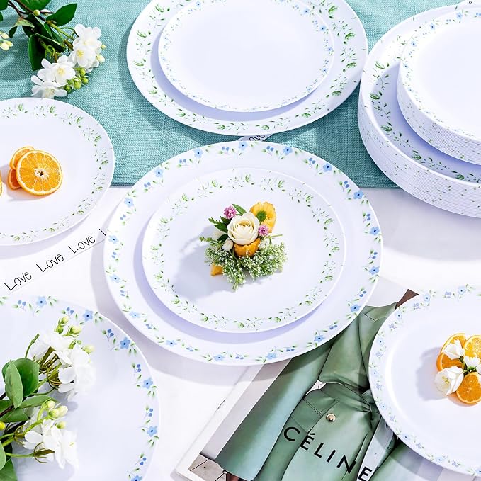 YOUBET 60PCS Blue and Green Floral Plastic Plates - Image 9
