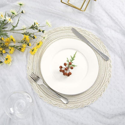 SHACOS Round Placemats Set of 4 Boho Braided Border Place Mats for Dining Tables Wedding Holiday Party (Ivory Bordered, 4)