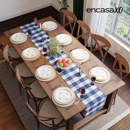 Encasa XO Table Runner, Woven Cotton Dining Runner 13"x118" Buffalo Blue Checks - Image 4