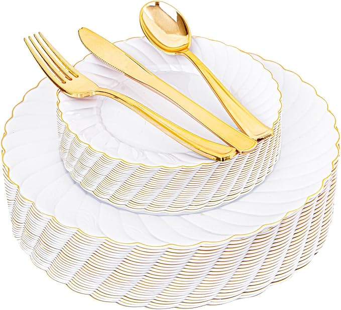 YOUBET 125PCS White and Gold Plastic Plates by YOUBET