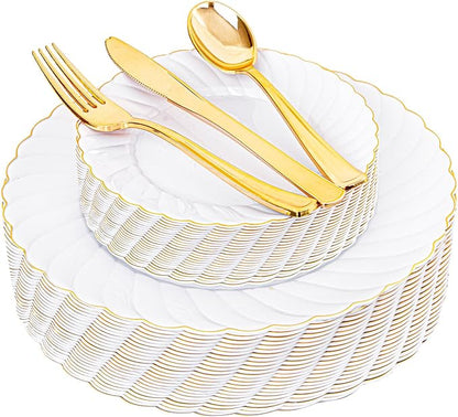 YOUBET 125PCS White and Gold Plastic Plates by YOUBET