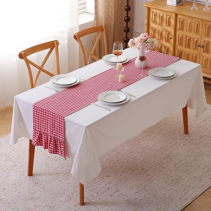 Red White Plaid Gingham Ruffle Table Runner 90 inches Long 100% Washed Cotton - Image 2