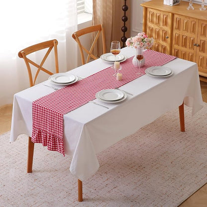 Red White Plaid Gingham Ruffle Table Runner 120 inches Long Christmas 100% - Image 2