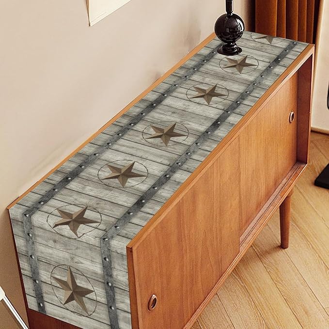 Western Texas Table Runner, Rustic Farmhouse Golden Star Wooden Barn Plank - Image 2